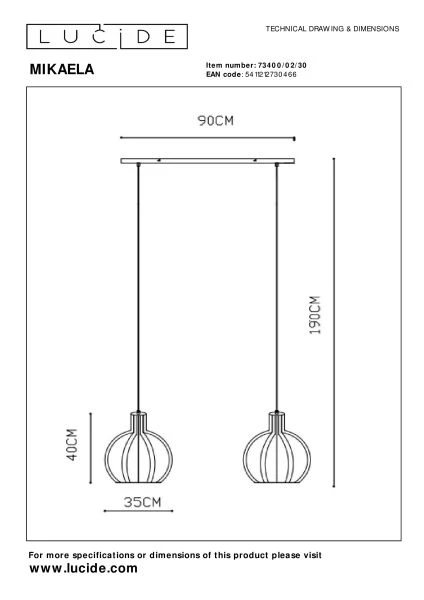 Lucide MIKAELA - Pendant light - 2xE27 - Black - technical